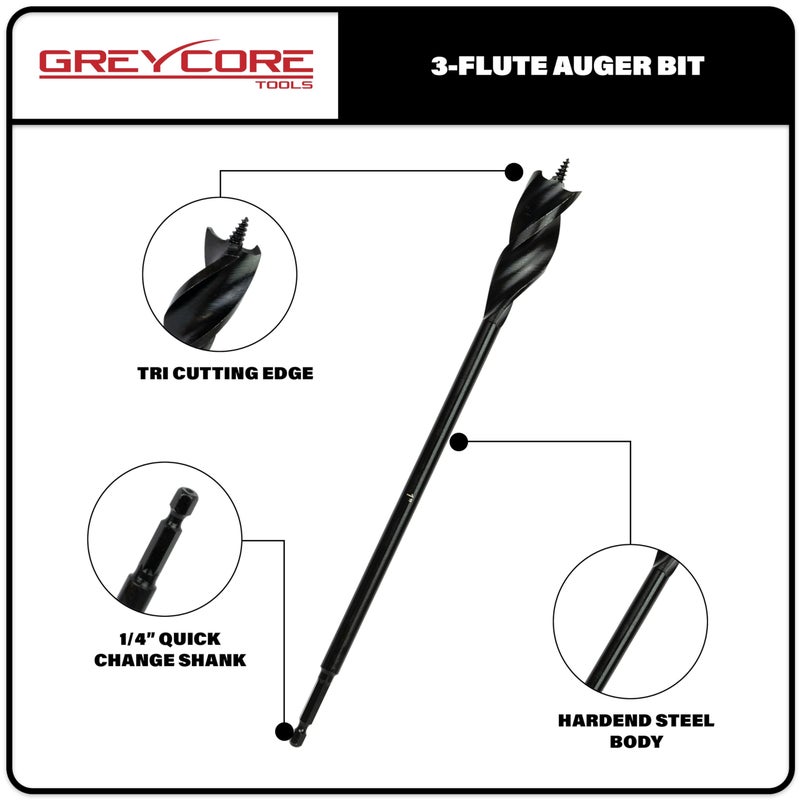 Greycore Tools 3/4 Inch x 6 Inch 3-Flute Auger Bit, Wood Drill Bit for Hard and Soft Wood, 1/4    Quick Change Shank, Woodworking Auger Bits (3/4    x 6    Auger) - Image 3